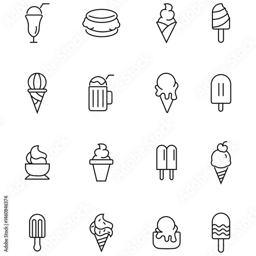 Ice cream icon doodle illustration. Different types waffle cone, cup ice cream, popsicle, sundae. Dessert icon set. Outline drawing ice cream line clipart symbol collection. Vector illustration. 