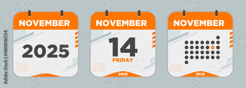 Modern Calendar icon. November. 2025 14 day. The concept of waiting for an important date. Day calendar with date November 14. Cheklist day calendar. Vector illustration.	
