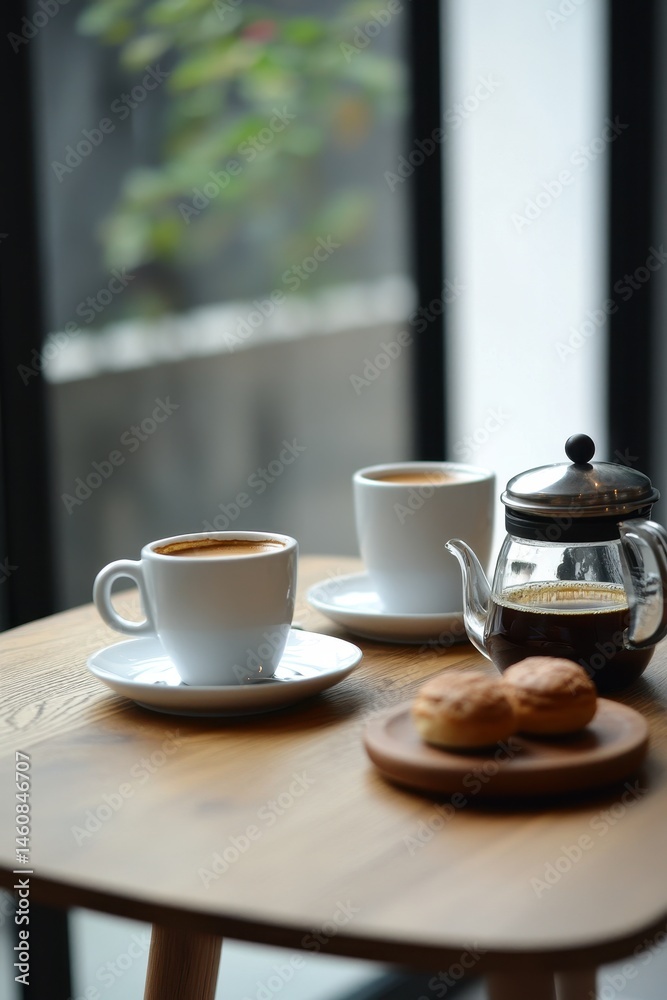 Fototapeta premium Coffee Break Still Life Two Cups Espresso Coffee Pot and Pastries on Wooden Tabletop in Cafe Setting
