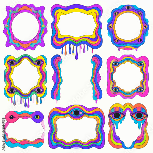 Psychedelic frame collection with melting colors and surreal eyes for creative designs and vibrant projects