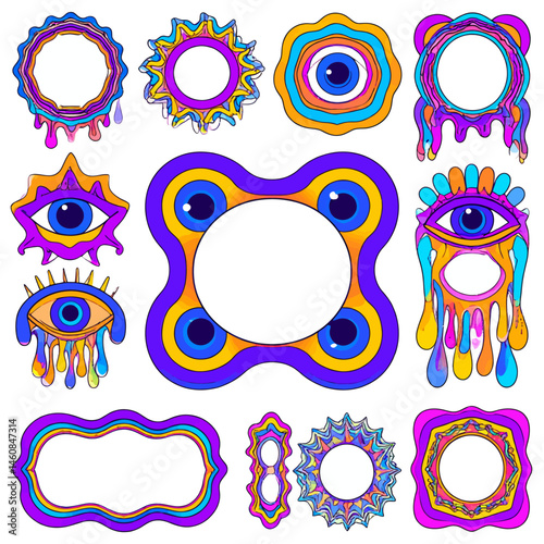 Psychedelic frame collection with surreal eyes and melting patterns for vibrant designs