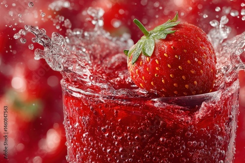 Strawberry Splash: A fresh strawberry plunges into a glass of vibrant juice, creating a dynamic display of refreshment and invigorating flavors.