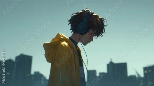 Anime Boy in Raincoat Lonely with Lo-Fi Music on Headphones Under Urban Rainy Sky