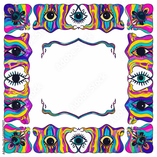 Psychedelic frame with colorful eyes and abstract patterns for creative designs and vibrant backgrounds perfect for posters and art projects