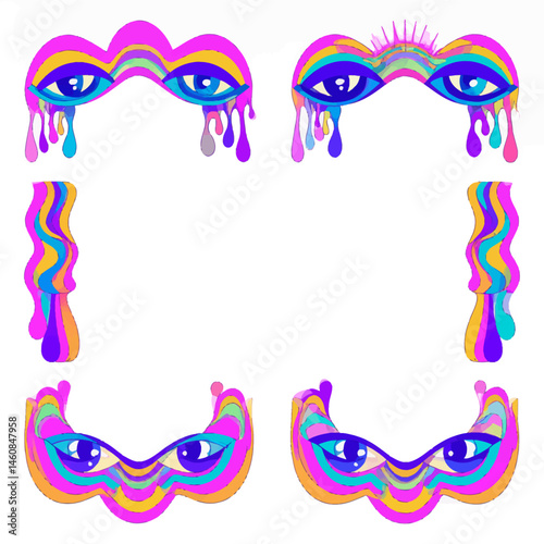 Psychedelic frame with melting eyes and vibrant colors for creative designs and artistic compositions