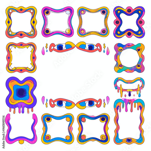 Psychedelic frames and eye design elements with vibrant colors for creative projects and artistic designs