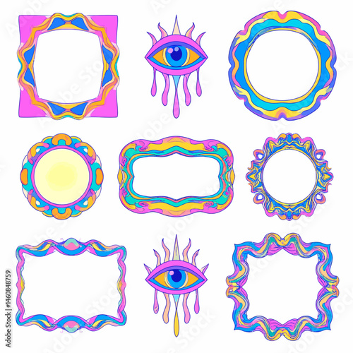 Psychedelic frames and eye illustrations collection in bright retro colors, perfect for quirky designs and creative projects