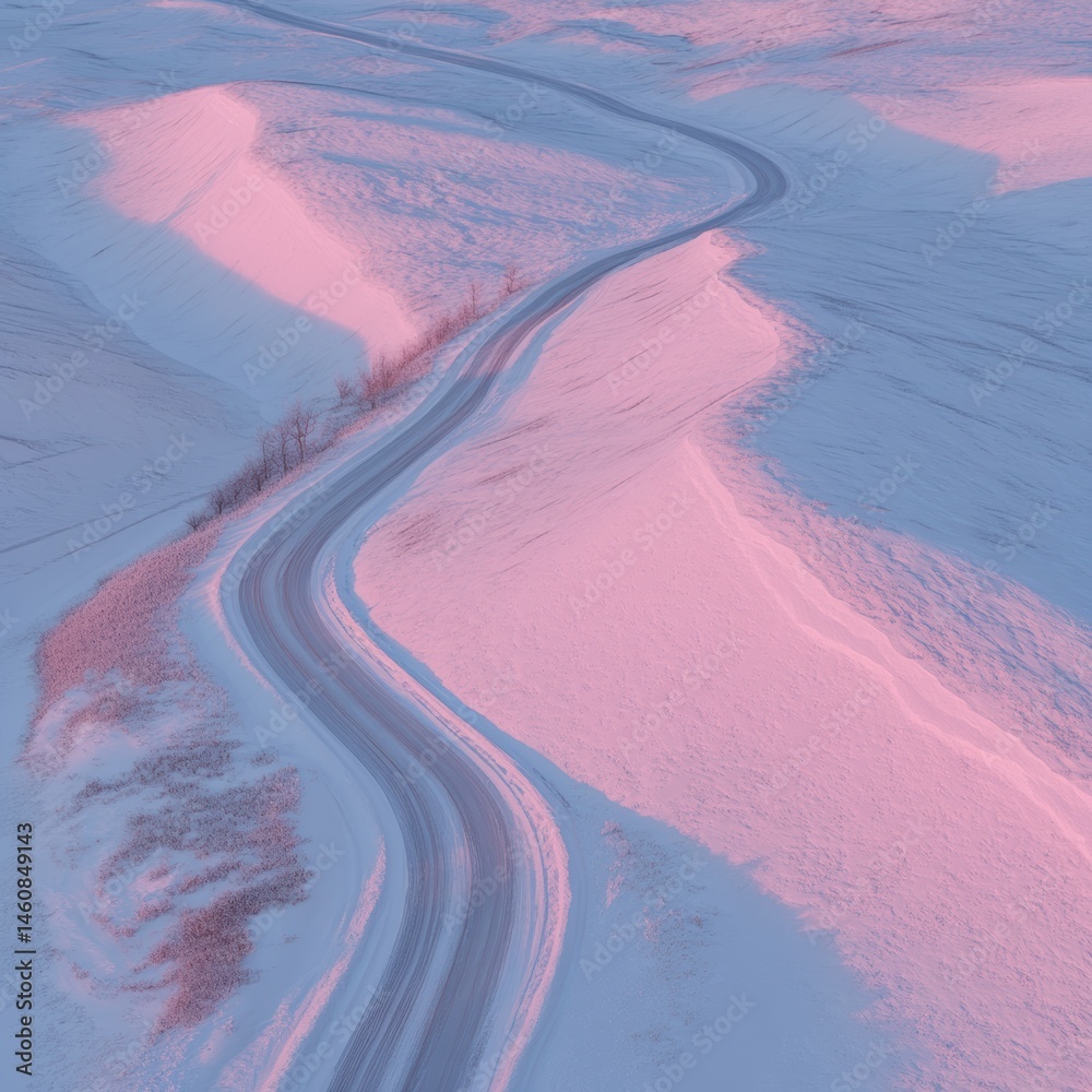 Aerial view of winding road through snowy hills at sunset; pink and blue hues; winter landscape; rural scene; minimalist design; top down perspective