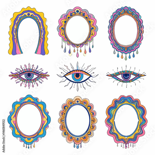 Psychedelic frames and eyes collection in retro groovy style great for creative designs