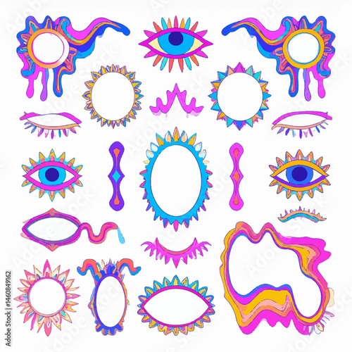 Psychedelic frames and eyes collection in vibrant colors for creative designs and artwork