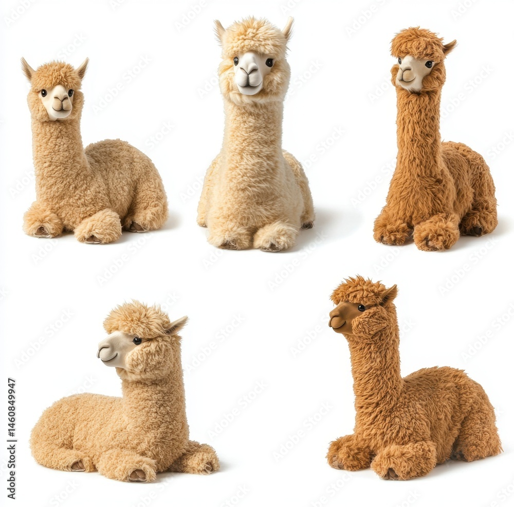 Fototapeta premium Adorable Plush Alpaca Toys in Various Poses and Textures
