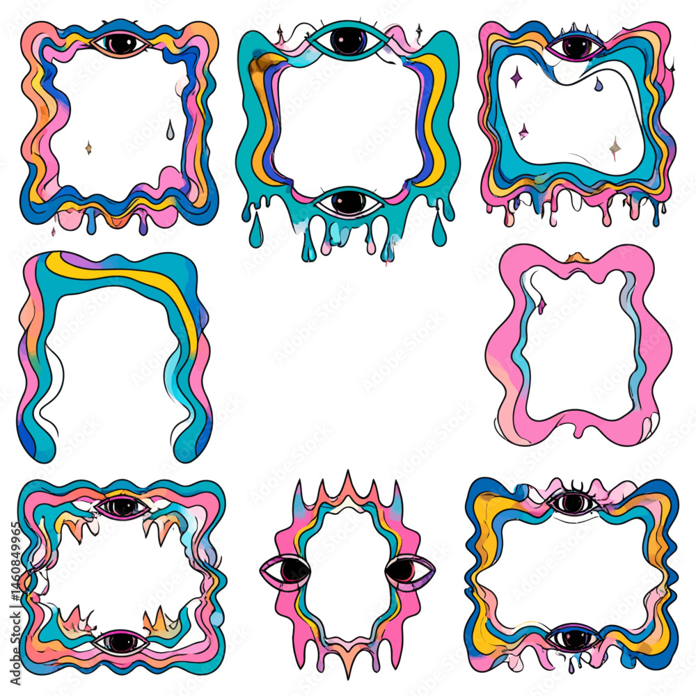 Psychedelic frames collection featuring melting designs and surreal eye motifs for creative projects and artistic expression