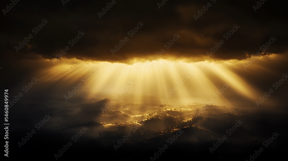 Fototapeta premium Golden light piercing a dark cloud cover.