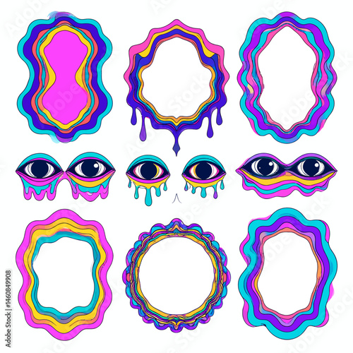 Psychedelic frames and melting eye illustrations in a vibrant trippy art style great for posters and prints