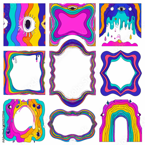 Psychedelic Frames Collection Colorful Retro Borders with Groovy Designs for Creative Projects