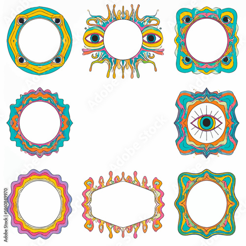 Psychedelic frames collection featuring vibrant colors and funky designs perfect for creative projects and retro themes