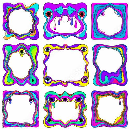 Psychedelic frames collection with vibrant colors and surreal eye motifs creating a groovy, artistic border for creative projects