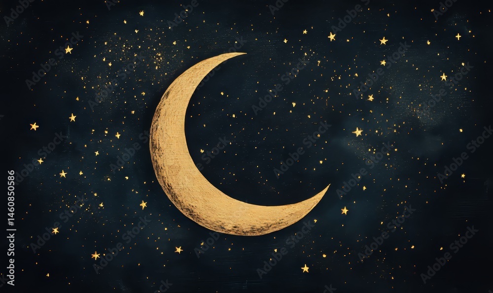 Fototapeta premium Black background with a golden crescent moon surrounded by small stars, minimalist celestial art, Generative AI