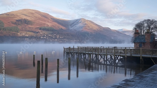 Wallpaper Mural Misty morning lake pier with mountains Torontodigital.ca
