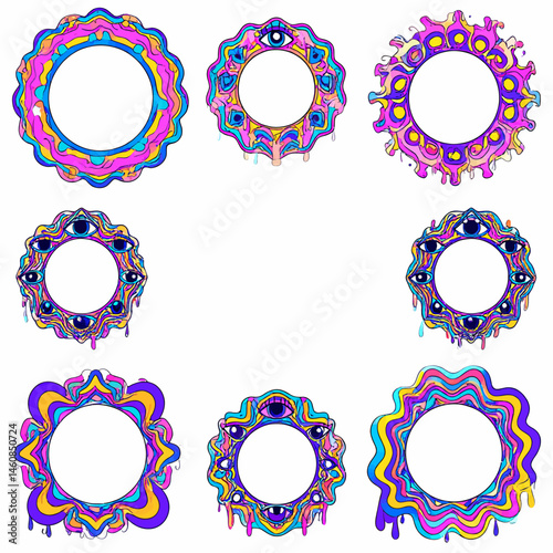 Psychedelic frames with dripping paint and eyes for vibrant designs and creative projects