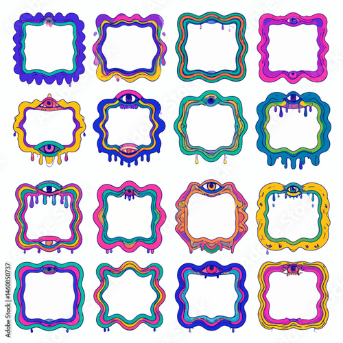 Psychedelic Frames with Eyes Collection Groovy Border Designs for Creative Projects