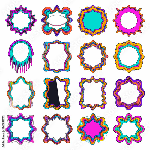 Psychedelic wavy frames collection a vibrant assortment of colorful borders for graphic design and creative projects offering diverse shapes and patterns