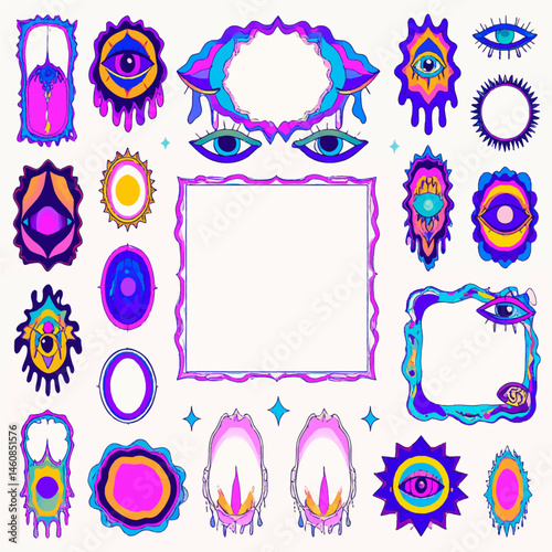 Psychedelic trippy eye frames and borders collection with vibrant colors for graphic design and creative projects