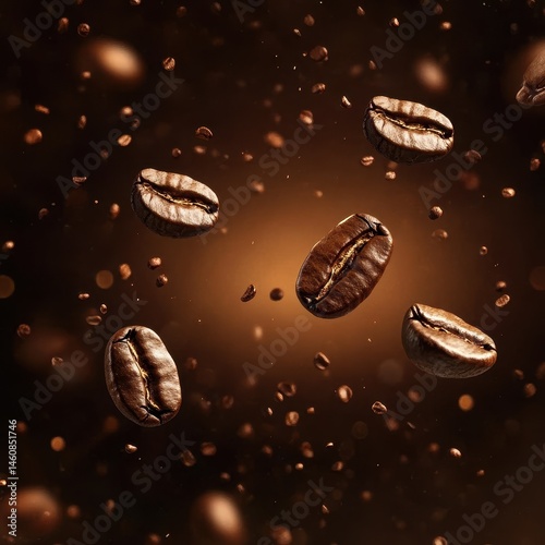 Coffee beans levitating in air studio shot close up brown background aroma freshness caffeine energy drink ingredient