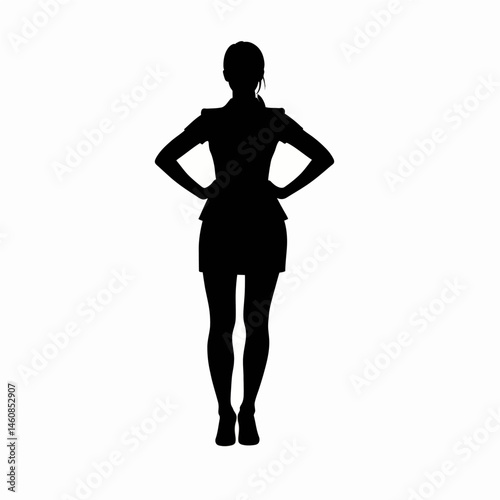 Silhouette of a confident woman in a dress striking a powerful pose with hands on hips, isolated on white for versatile design options