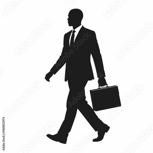 Silhouette of a confident businessman walking with briefcase symbolizes success and ambition in corporate world