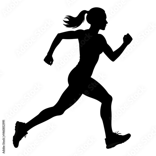 Silhouette of a determined female runner sprinting forward with power and agility for a healthy lifestyle and fitness concept