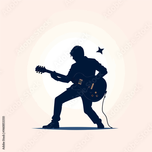 Silhouette of a guitarist playing electric guitar with passion and energy on stage, performing rock music with style and enthusiasm