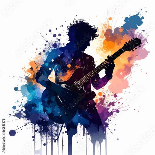 Silhouette of a guitar player performing with vibrant colorful splashes in watercolor style artistic background