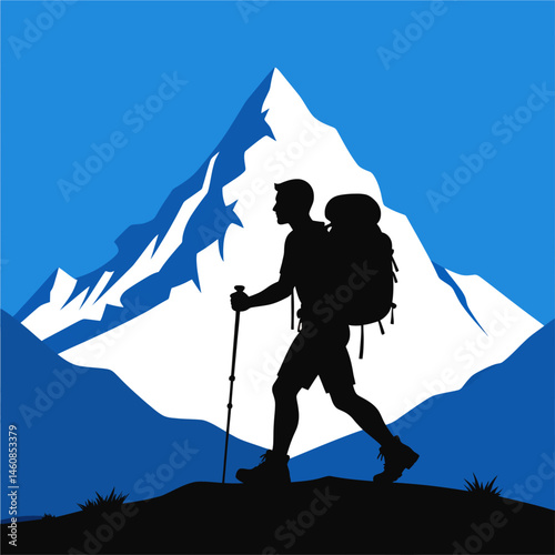Silhouette of a hiker trekking through a mountainous landscape with snowy peaks under a clear blue sky embodying adventure and freedom