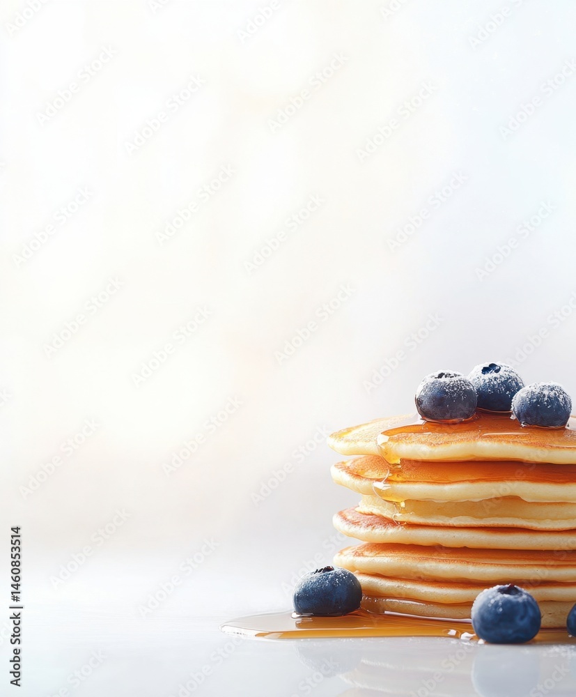 custom made wallpaper toronto digitalA stack of golden pancakes with syrup and berries, placed slightly t the left, clean white background with soft reflection below.
