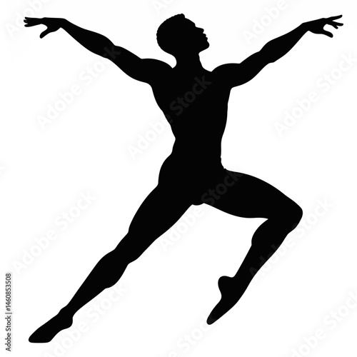 Silhouette of a male ballet dancer in a dynamic pose against a white background showcasing strength and artistry for dance performance and fitness concepts