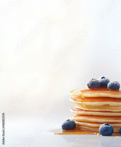 A stack of golden pancakes with syrup and berries, placed slightly t the left, clean white background with soft reflection below.