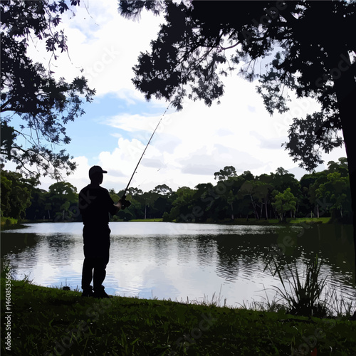 Silhouette of a man fishing in a calm lake surrounded by lush trees under a cloudy sky capturing the essence of outdoor recreation