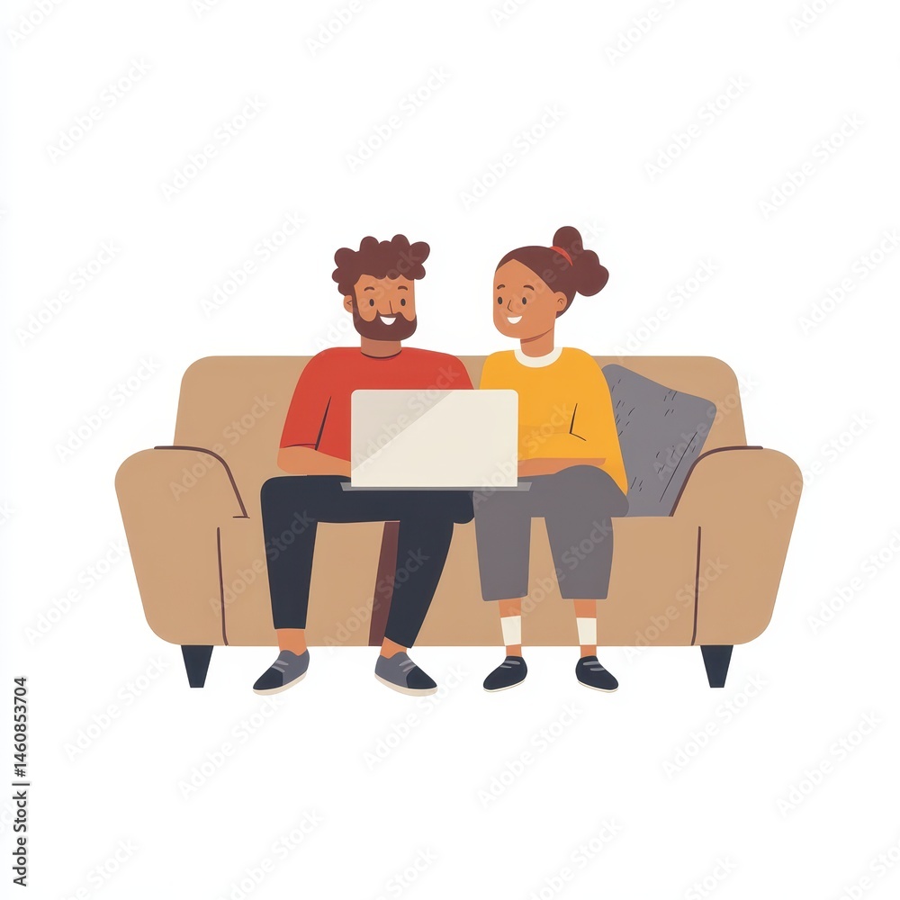 Couple using laptop on sofa illustration vector graphic design flat style home interior technology connection communication