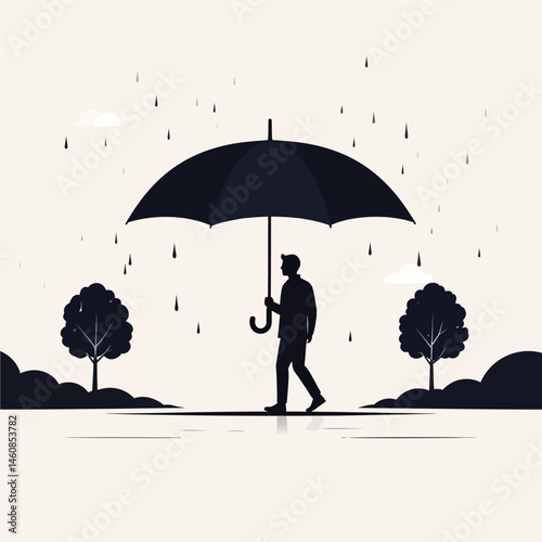Silhouette of a man walking under umbrella in the rain minimalistic illustration with trees and clouds against a neutral background