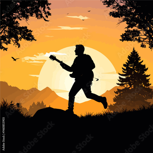 Silhouette of a musician running with guitar at sunset in the mountains enjoying nature and freedom reflecting passion and energy in a serene landscape