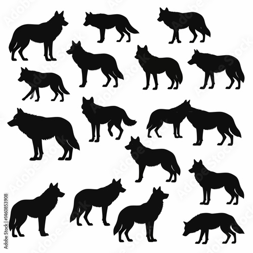 Silhouette of a pack of wolves in various poses against a white background perfect for graphic design and animal themes