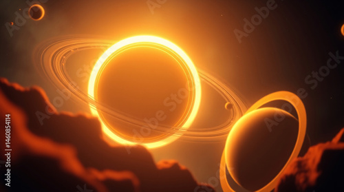 Surreal planet visuals merge glowing rings and pastel nebula textures into a floating cosmic composition.