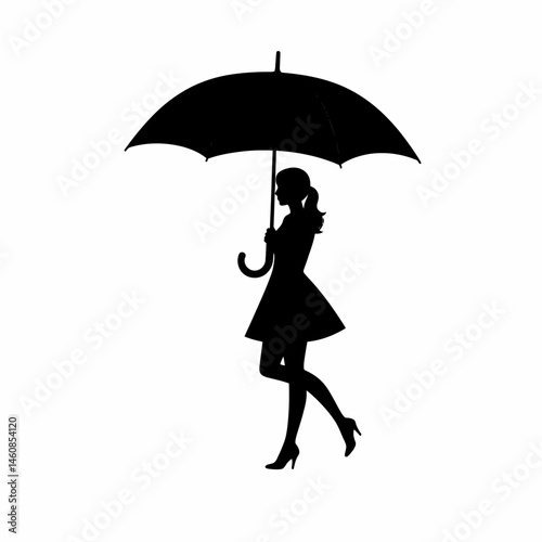 Silhouette of a stylish woman in a dress walking under an umbrella on a rainy day expressing elegance and confidence with a timeless classic fashion