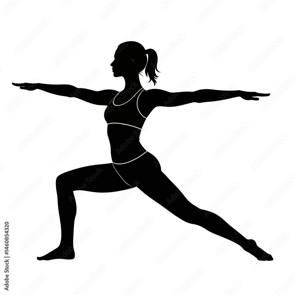 Fototapeta premium Silhouette of a woman in warrior two yoga pose against white background for fitness and wellness