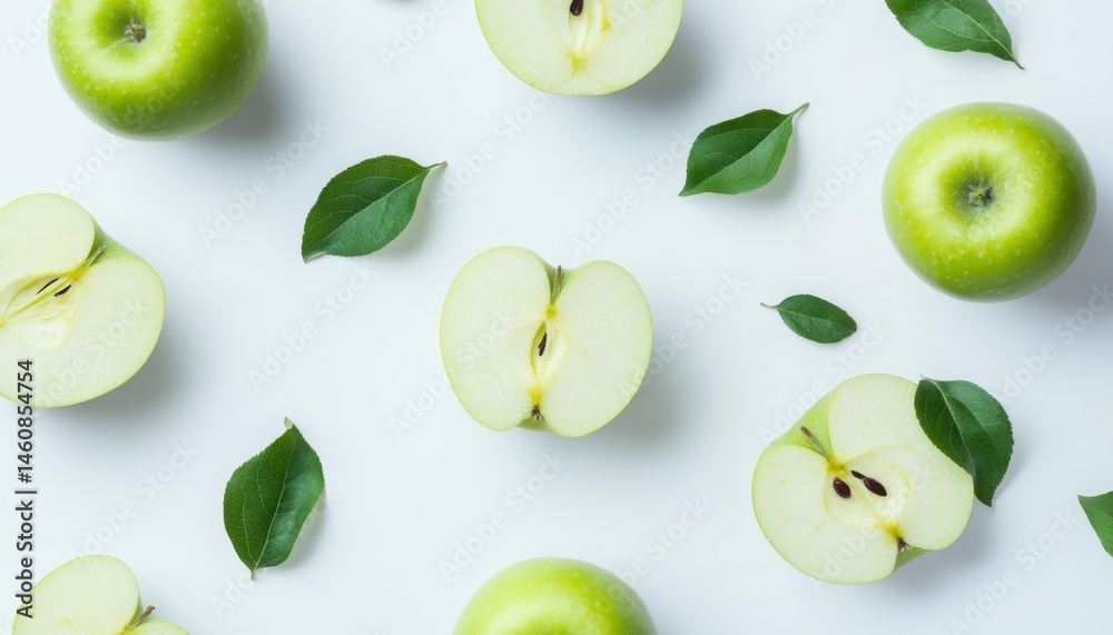 Fresh Green Apples with Leaves on a Light Background Arrangement Fresh Green Apples with Leaves on a Light Background Arrangement