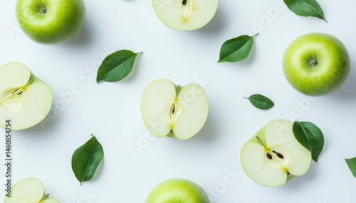 Wallpaper Mural Fresh Green Apples with Leaves on a Light Background Arrangement Torontodigital.ca