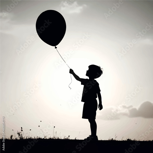 Silhouette of a young boy holding a balloon against a bright sky expressing freedom and childhood dreams, standing on grass