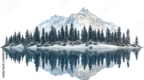 Serene winter scene featuring snow-covered mountains, evergreens, and mirrored water surface on isolated transparent backdrop