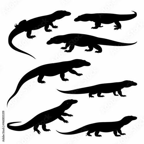 Silhouette of Komodo Dragons Posing in Various Positions on a White Background for Wildlife and Nature Enthusiasts